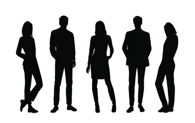 Vector silhouettes of  men and a women, a group of standing  business people, black  color isolated on white background
