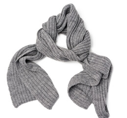 knitted gray scarf isolated on white background, warm accessory