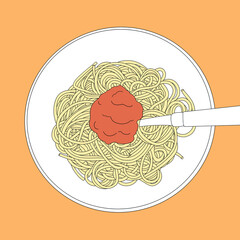 Spaghetti with sauce on the plate with fork. Hand drawn line art of Italian cuisine food. Menu illustration