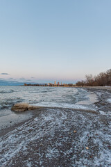 Cleveland skyline shot in winter from edgewater beach ohio