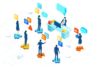 Isometric business environment with business people working around communication icons, make business together, solving problems, support, advisory idea.