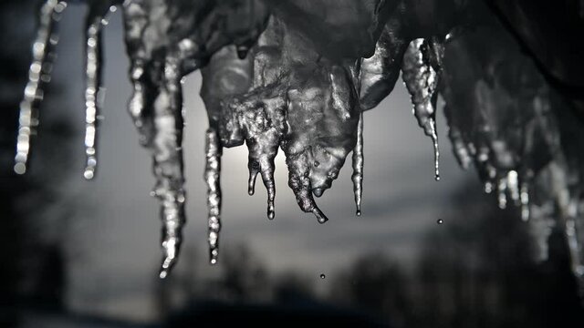 4K video of dripping icicles on a warm bright sunny day. Melting icicle on a blue background, seamless loop. Endless loop, loopable