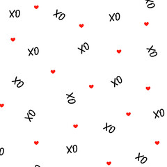 Hand drawn vector seamless pattern with XOXO on red background. Hipster symbols of hugs and kisses. Good for cards, wallpaper, posters, wrapping paper, Valentine's invitations