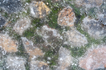 boulder pavement frozen under a thin layer of ice in the spring