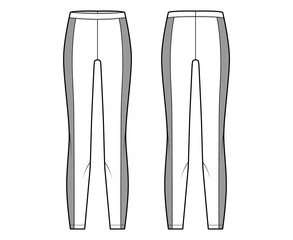 Yoga pants technical fashion illustration with elastic waistband, side panels, training slim, casual knit trousers. Flat sport Leggings template front back white color. Women men unisex gym CAD mockup