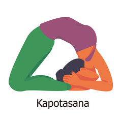 a dark-skinned girl performs the yoga pose "Kapotasana" (pigeon pose). yoga tutorial. fitness, sports. realistic figure. flat. isolated. instruction