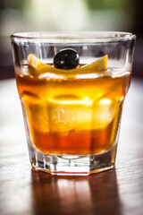 Dark n stormy cocktail alcohol drink beverage with lemon slices black olive ice and bokeh background