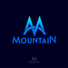 Mountain logo. M letter. M monogram. Letter M is like mountain blue peaks and bridge. Emblem for mountain sport, skiing, climbing, equipment, clothes, travel club. - obrazy, fototapety, plakaty