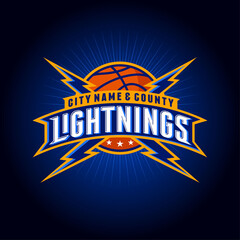 "Lightnings" basketball team logo. Basketball ball with letters, rays, flashes and stars. Emblem for sport team, equipment, clothes, sport club.