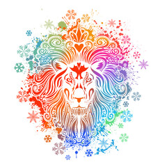 A multicolored lion. The face of the lion is a rainbow abstract. Vector illustration