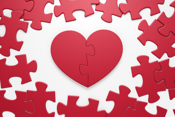 Two Halves of One Heart. Jigsaw puzzle in form of a heart symbol composed from two halves  which are in center amongst the ordinary pieces of another jigsaw puzzle. 3D rendering graphics.