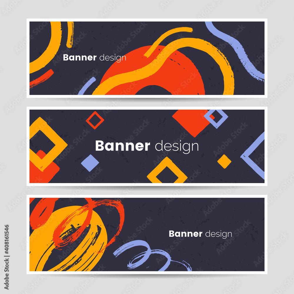 Fototapete Abstract colorful banner set in hand painted style. Horizontal header with geometric shapes, brush strokes. Art background collection. Ideal for flyer, web design, coupon, invitation. Vector eps 10.