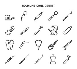 Dentist tools, bold line icons
