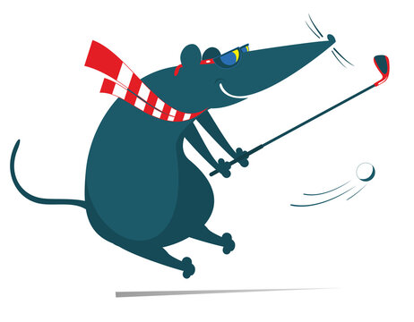 Cartoon rat or mouse plays golf illustration. Funny rat or mouse tries to do a good kick isolated on white
