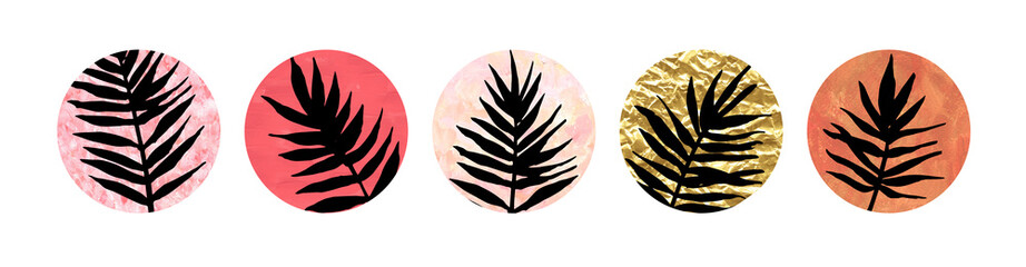 Natural blog design elements. Black tropic leaves silhouette. Pink, coral and gold Highlight cover set.