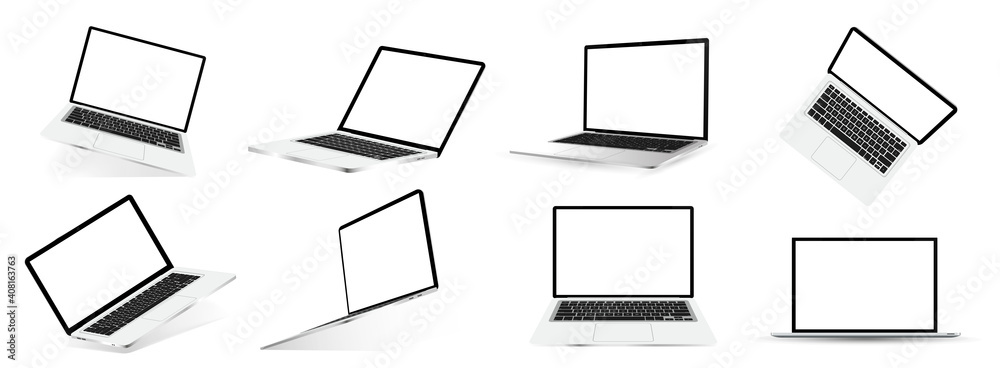 Poster Mockups 3D open laptops. Great collection 3D realistic notebooks for online presentations. Laptops in different angles, positions with blank screen. Isometric, frontal, top view, perspective. Vector
