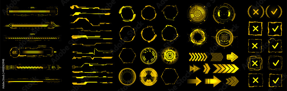 Poster Yellow HUD, GUI, UI digital elements set for VR, web design. Futuristic User interface (charts, abstract circle, lines, loading bars and other elements) Sci-fi modern collection HUD, UI. Vector set