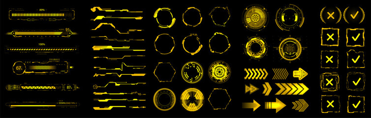 Yellow HUD, GUI, UI digital elements set for VR, web design. Futuristic User interface (charts, abstract circle, lines, loading bars and other elements) Sci-fi modern collection HUD, UI. Vector set