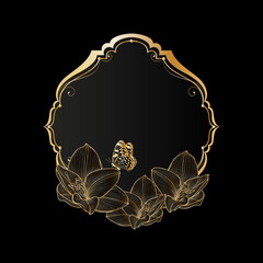 Beautiful golden vintage floral frame with flower amaryllis and butterfly.