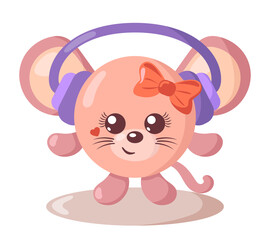 Funny cute kawaii mouse with headphones and round body in flat design with shadows. Isolated animal vector illustration	