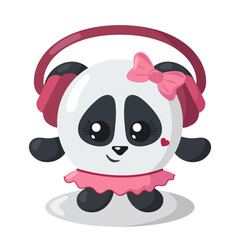 Funny cute kawaii panda bear with headphones and round body in flat design with shadows. Isolated animal vector illustration	
