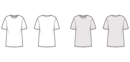 T-shirt oversized technical fashion illustration with short sleeves, crew neck, dropped shoulder, elongated hem. Flat apparel top template front, back, white, grey color. Women men unisex CAD mockup