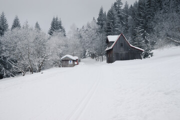 Une maison et une grange en bois dans la neige à la montagne avec la forêt enneigée en arrière-plan.