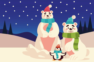 merry christmas polar bears with hat scarf and penguin snow panoramic