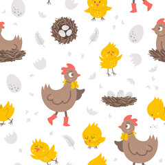 Vector seamless pattern with cute hen, little chicks, eggs, nest. Spring or Easter funny repeating background for kids. Farm bird digital paper .
