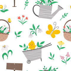 Vector cute garden or Easter seamless pattern. Repeating background with wheel barrow, watering can, eggs, first flowers and plants. Flat spring gardening tool digital paper for kids..
