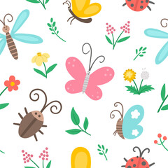 Vector flat insect and first flower seamless pattern. Funny spring garden repeating background. Cute ladybug, butterfly, beetle, dandelion digital paper for kids. Bugs and plants texture.