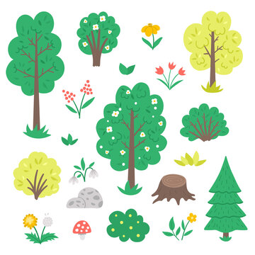 Vector set with garden or forest trees, plants, shrubs, bushes, flowers isolated on white background. Flat spring woodland or farm illustration. Natural greenery icons collection.
