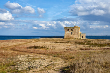 XVI Century Antique Defensive Tower Torre Guaceto At In The Middle Of A Natural Reserve Along The Coast Of Apulia Italy