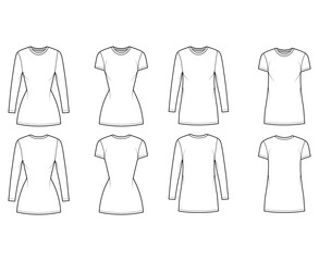 Set of T-shirt mini dresses technical fashion illustration with crew neck, long and short sleeves, oversized and fitted. Flat apparel template front, back, white color. Women, men, unisex CAD mockup