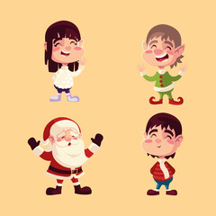 merry christmas santa elf boy and girl icons set