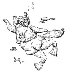 Cat scuba diver dressed in a mask for diving, swimming trunks, flippers and with camera.
