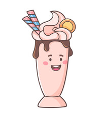 Delicious pink cocktail with.whipped cream, straws and cookies. Funny illustration with milkshake. Vector character on white background, cartoon style