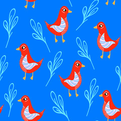 Seamless pattern with bright red birds on blue background,abstract hand drawn birds in doodle style,illustration for wallpaper,wrapping, cover design,print on textile and fabric,colorful background