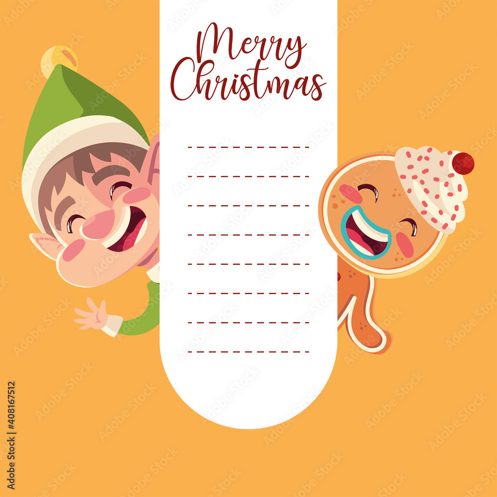 Sticker merry christmas helper and ingerbread man cartoon greeting card