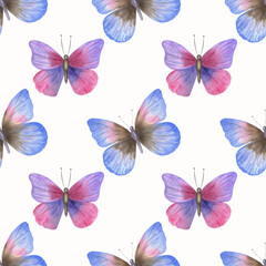 Obraz na płótnie Canvas Butterflies seamless pattern. White background. Watercolor illustration.