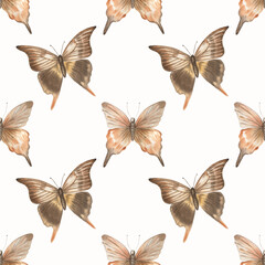Butterflies seamless pattern.
White background.
Watercolor illustration.