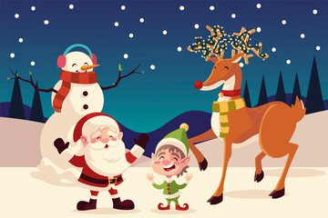 merry christmas santa elf reindeer snowman snowy landscape