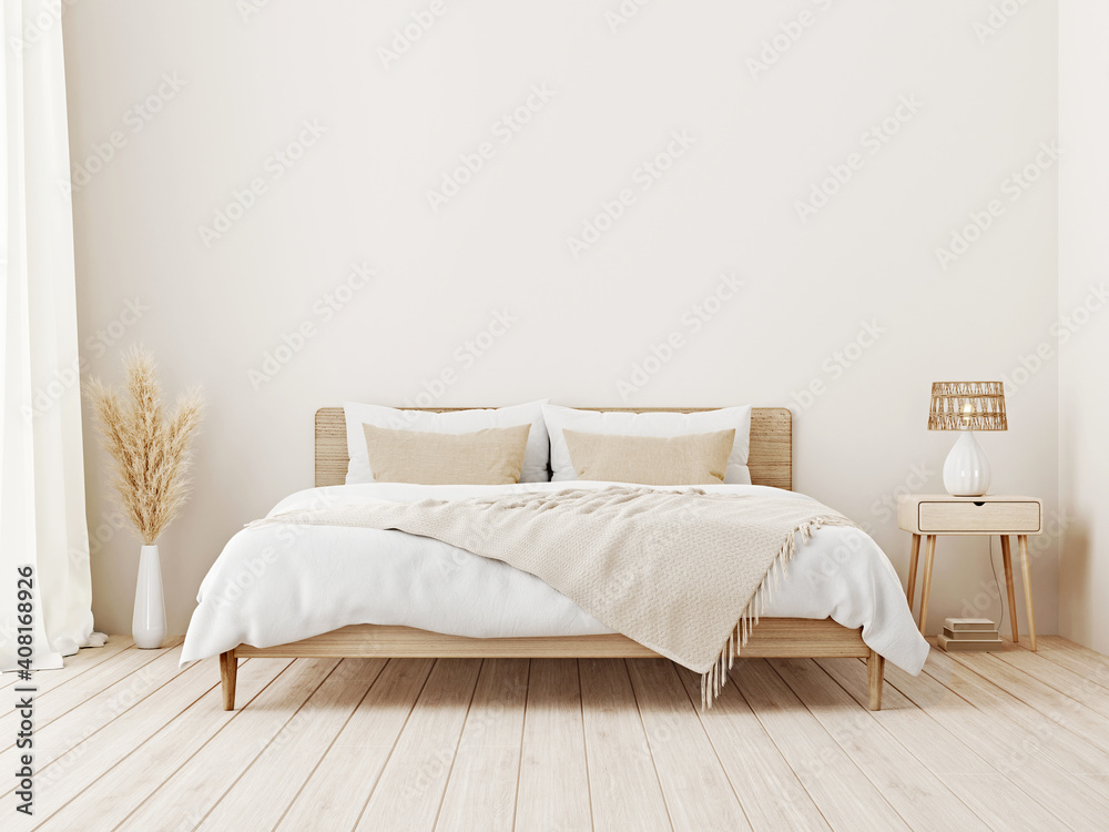 Fototapete Bedroom interior mockup in boho style with fringed blanket, cushion with tassels, linen bedding, dried pampas grass, basket lamp and curtain on empty beige background. 3d rendering, 3d illustration