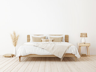 Bedroom interior mockup in boho style with wooden bed, fringed beige blanket, linen cushion with tassels, dried pampas grass and basket lamp on empty white background. 3d rendering, 3d illustration