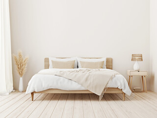 Bedroom interior mockup in boho style with fringed blanket, cushion with tassels, linen bedding, dried pampas grass, basket lamp and curtain on empty beige background. 3d rendering, 3d illustration - obrazy, fototapety, plakaty