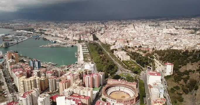 Malaga with Placa de Torros from castle in sunny time. Andalusia, Spain . High quality 4k footage