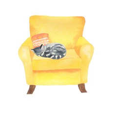 Cat sleeping in armchair. Watercolor illustration - 408169518