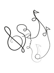One continuous line drawing of music note and woman face.
One line drawing of black and white music notes.