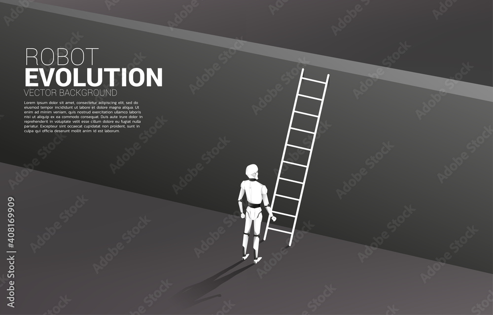 Poster Robot standing to move up with ladder. concept of artificial intelligence and machine learning worker technology.