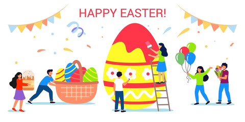 Happy Easter greeting card Vector illustration of tiny family people painting egg together for special spring holiday event in flat cartoon style